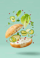Fresh sandwich ingredients levitating on pastel background