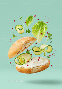Fresh sandwich ingredients levitating on pastel background
