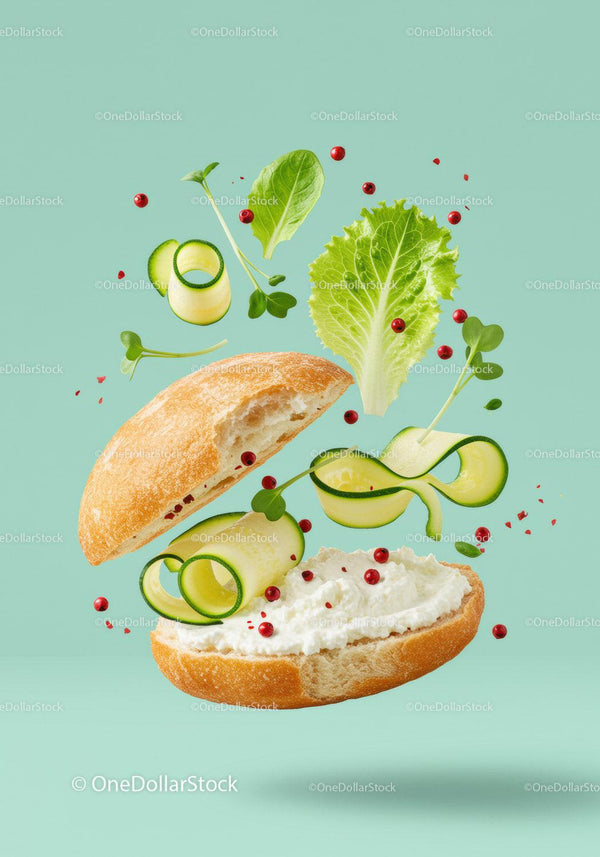 Fresh sandwich ingredients levitating on pastel background