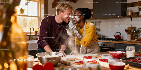 Couple Sharing Joy Baking Heart-Shaped Cookies Together