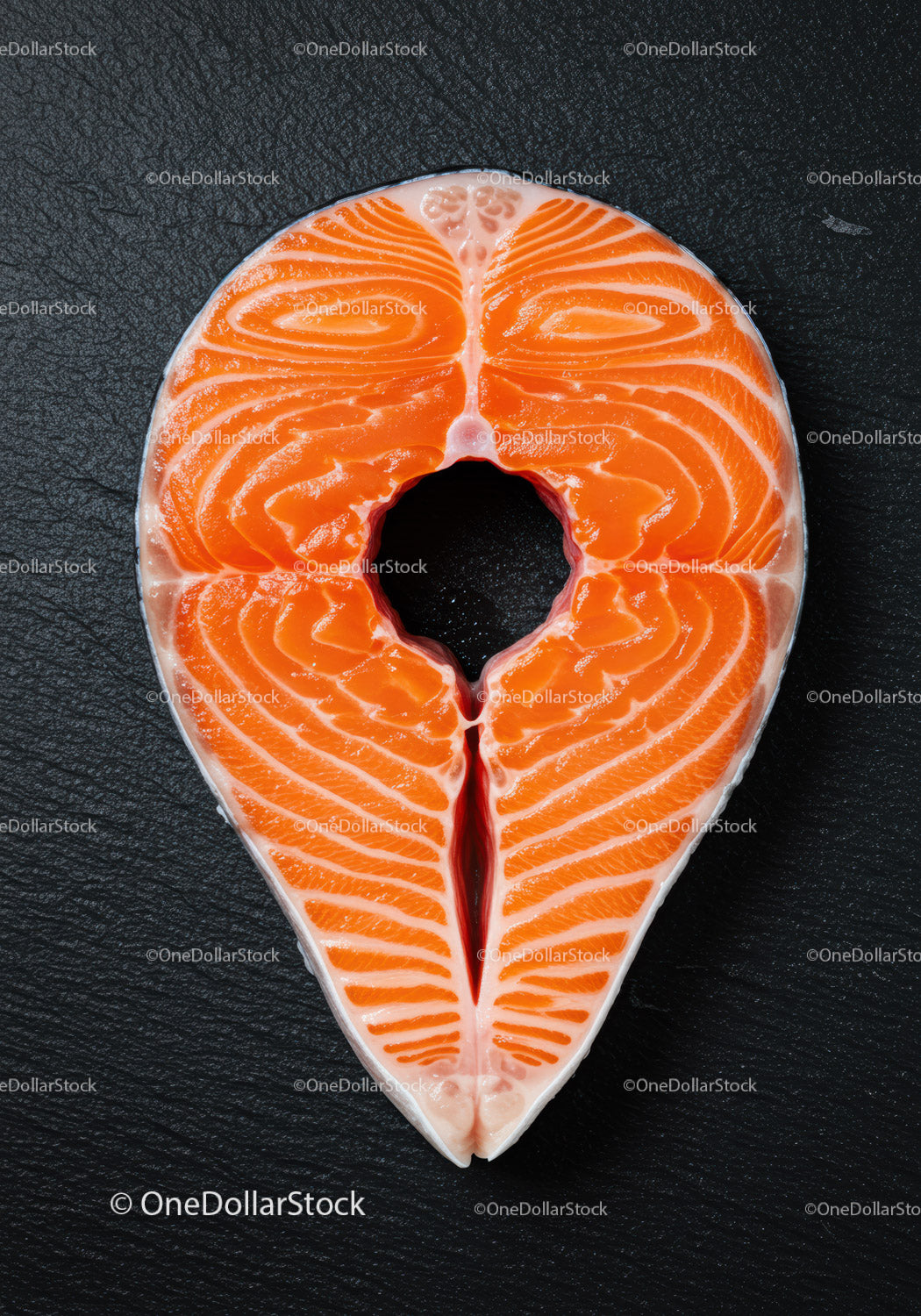 Fresh salmon steak on black textured surface