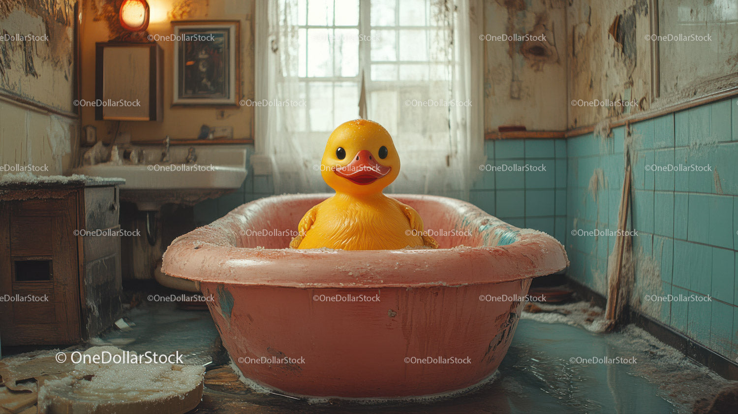Vintage Rubber Duck in Old Bathtub Surrounded by Urban Decay