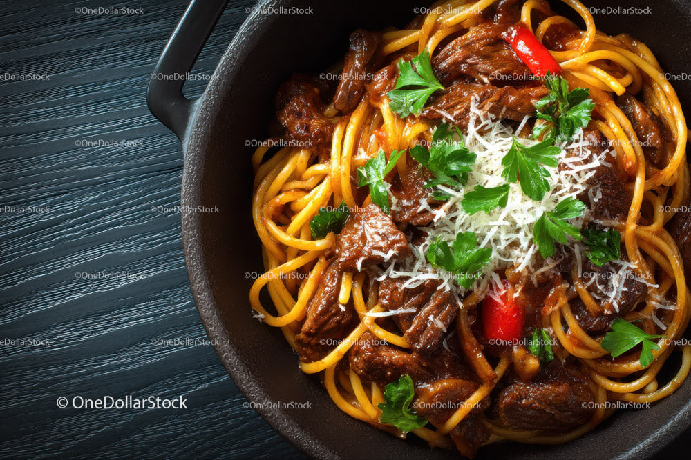 Hearty Beef and Pasta Spaghetti in Tomato Sauce with Herbs