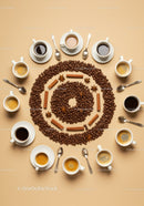 Variety of Coffee Cups Surrounding Beans and Spices Spiral