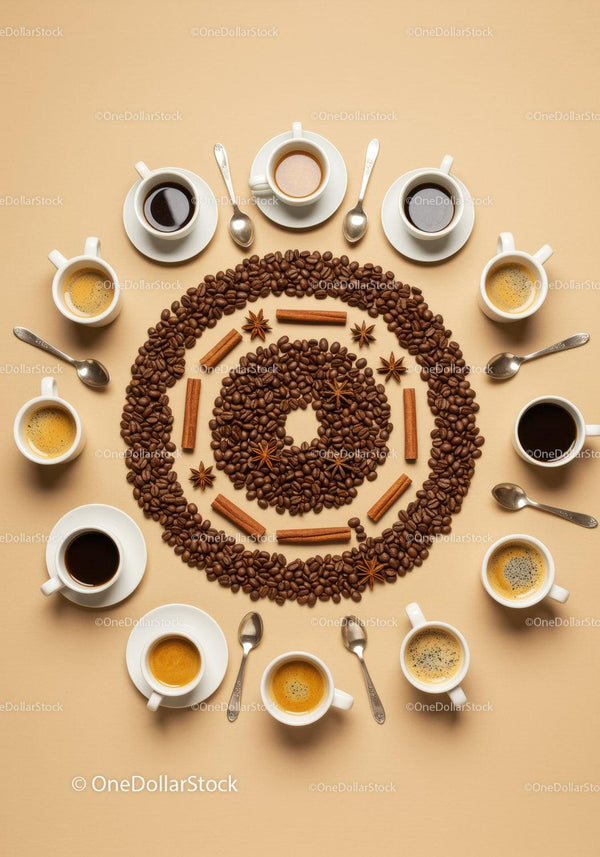 Variety of Coffee Cups Surrounding Beans and Spices Spiral