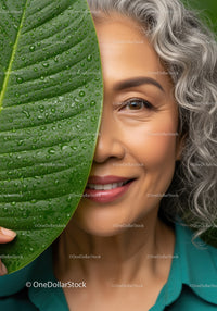 Smiling Elderly Woman with Gray Curly Hair and Green Leaf in Nature