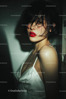 Elegant Woman with Red Lips in Stylish Evening Dress