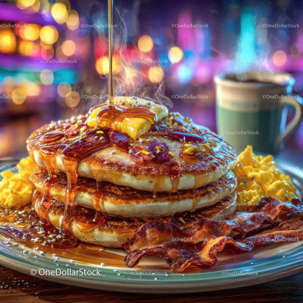 Stack of Fluffy Pancakes with Syrup Bacon and Coffee Stock Photo Bundle (19 JPG Files)