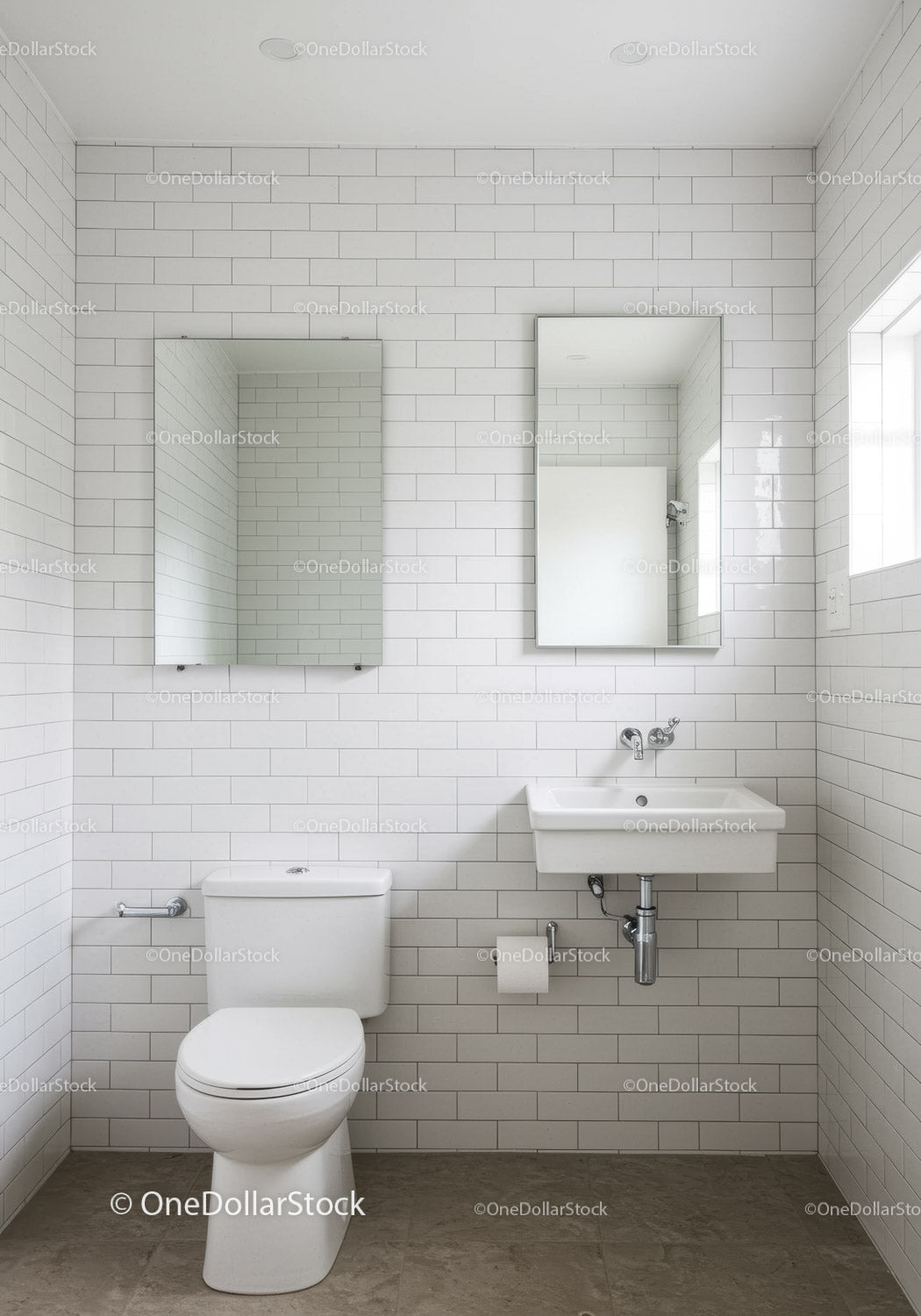 Minimalist White Subway Tile Bathroom with Compact Sink and Toilet