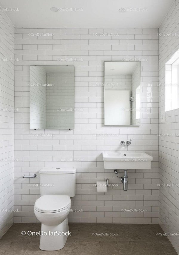 Minimalist White Subway Tile Bathroom with Compact Sink and Toilet