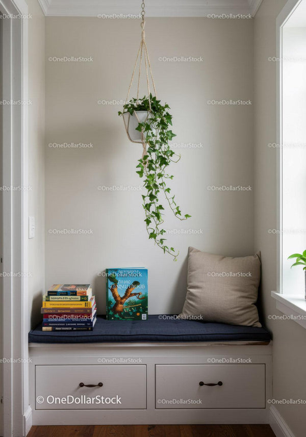 Indoor Ivy Plant Hanging in Bright Cozy Reading Nook with Window