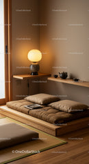 Minimalist Japanese style seating nook with tea set