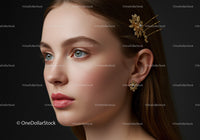 Elegant Woman with Blue Eyes and Gold Jewelry Wearing Hairpin