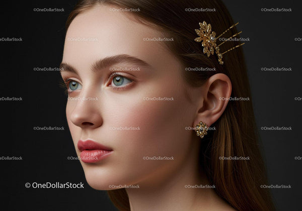Elegancka kobieta o niebieskich oczach z złotą biżuterią i wsuwką do włosów
