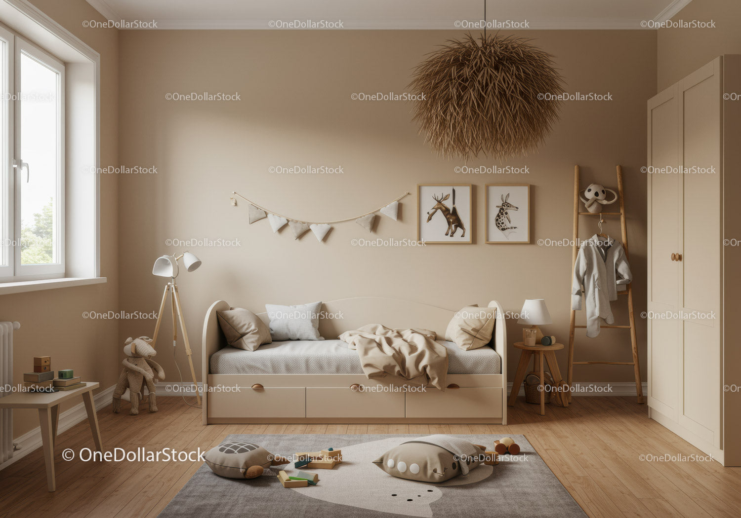 Cozy Children's Bedroom with Beige Walls and Natural Sunlight