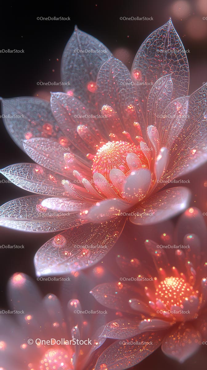 Illuminated Crystal Flower with Glowing Petals in Macro Style