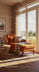 Cozy orange chaise lounge by sunlit window in living room