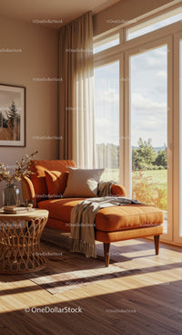 Cozy orange chaise lounge by sunlit window in living room