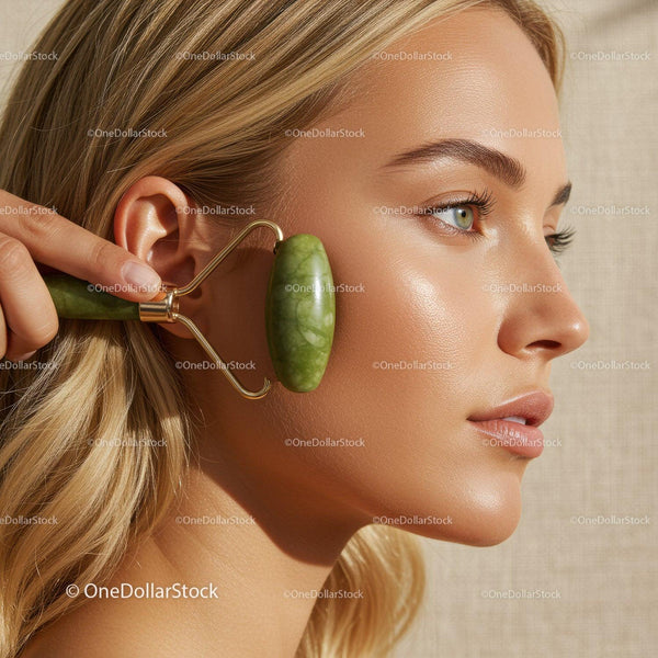 Portrait of a Beautiful Young Woman Getting Facial Treatment with Jade Roller