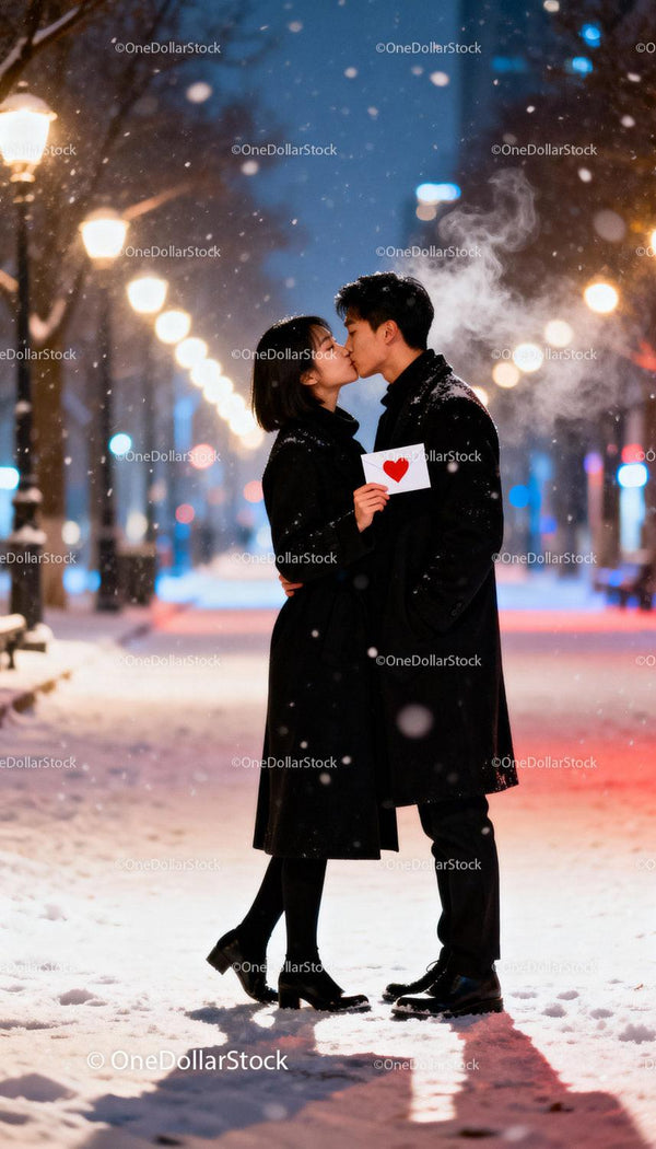 Couple sharing a romantic kiss with love card in snow