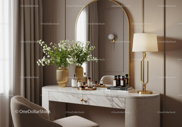 Elegant vanity table with golden accents and fresh flowers