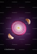Red onion slice surrounded by garlic cloves on dark background