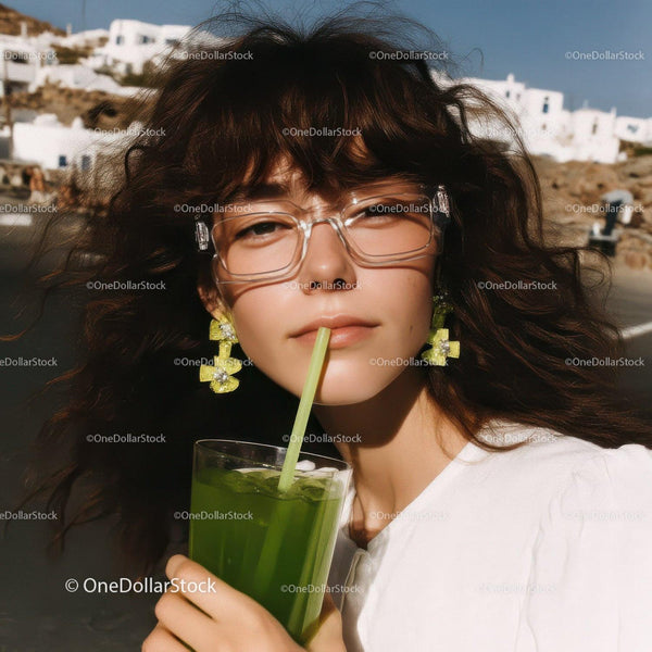 Stylish Woman Sipping Green Cocktail on Beach in Bright Summer Scene