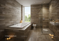Modern Bathroom with Bathtub and Walk-In Shower Overlooking Green Outdoors