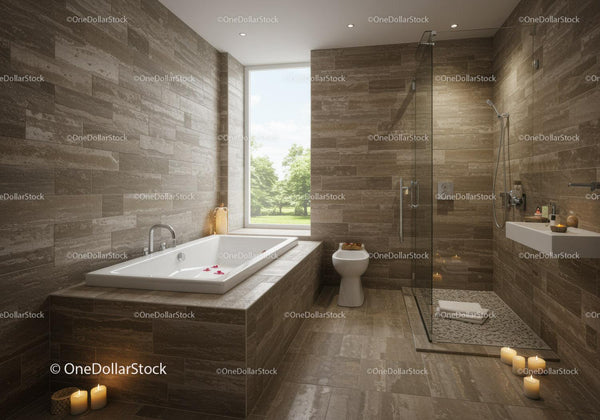 Modern Bathroom with Bathtub and Walk-In Shower Overlooking Green Outdoors
