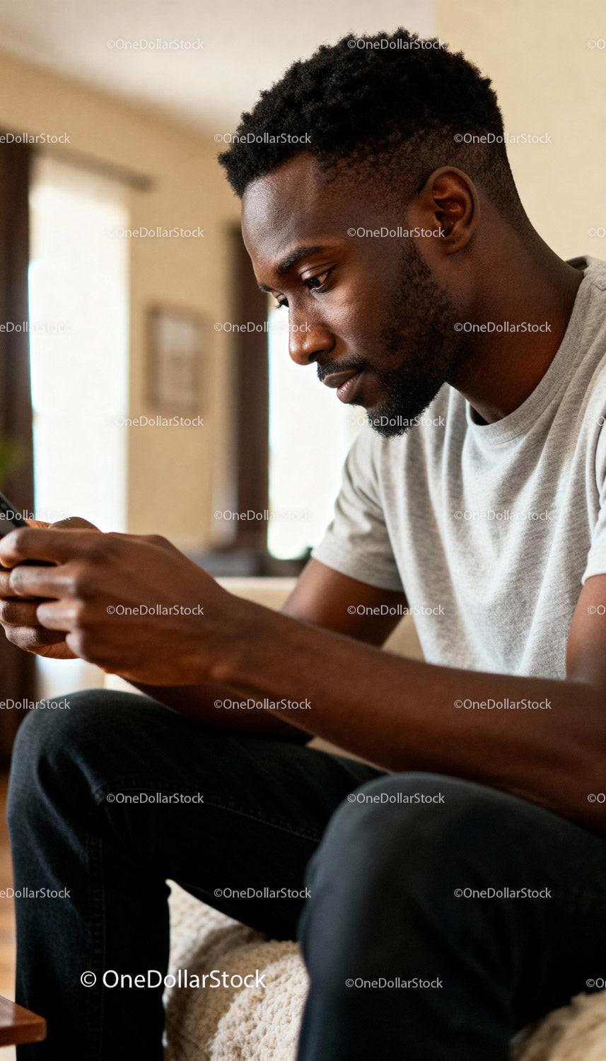 Young man focused on his smartphone at home