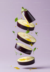 Floating eggplant slices with olive oil and fresh herbs