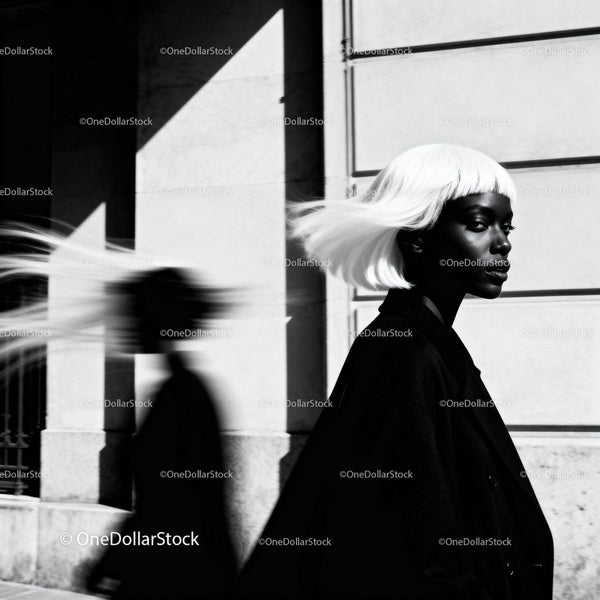 Woman with striking white hair walking in urban shadow