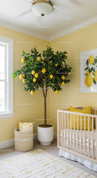 Lemon Tree in Indoor Home Nursery with Bright Yellow Walls and Cozy Decor