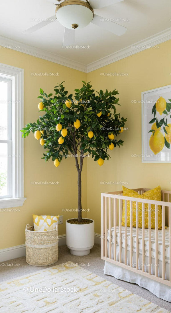 Lemon Tree in Indoor Home Nursery with Bright Yellow Walls and Cozy Decor