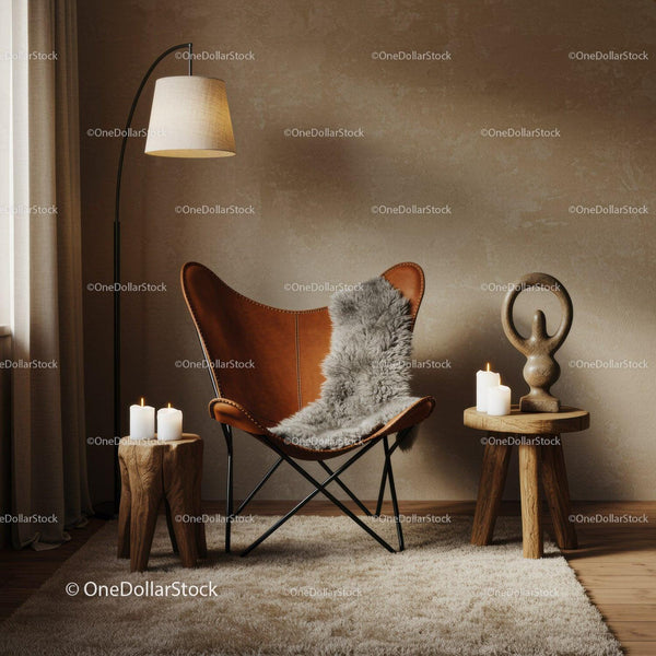 Cozy leather chair with fur throw in warm living room