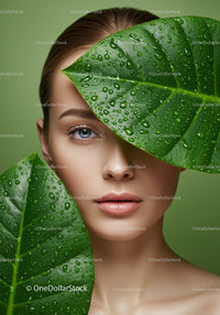 Close-up of a Woman with Dewy Skin and Green Leaves Surrounding Her