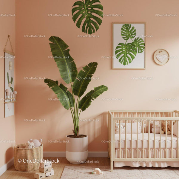 Large Monstera Leaf in Modern Nursery with Minimalist Crib and Wall Art
