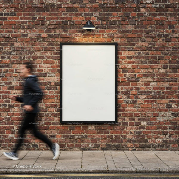 Blurred runner passing empty billboard on brick wall JPG Mockup Image