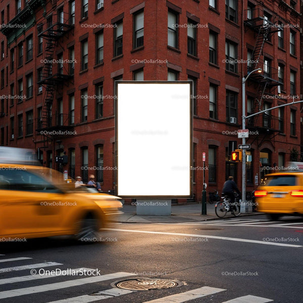 Urban street scene with bright blank billboard at intersection JPG Mockup Image