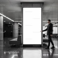 Blurred man walking past large illuminated display in lobby