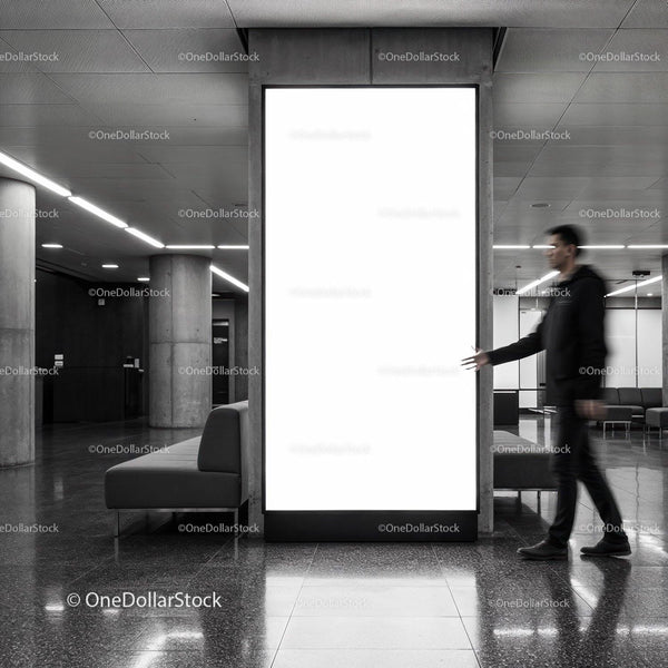 Blurred man walking past large illuminated display in lobby JPG Mockup Image