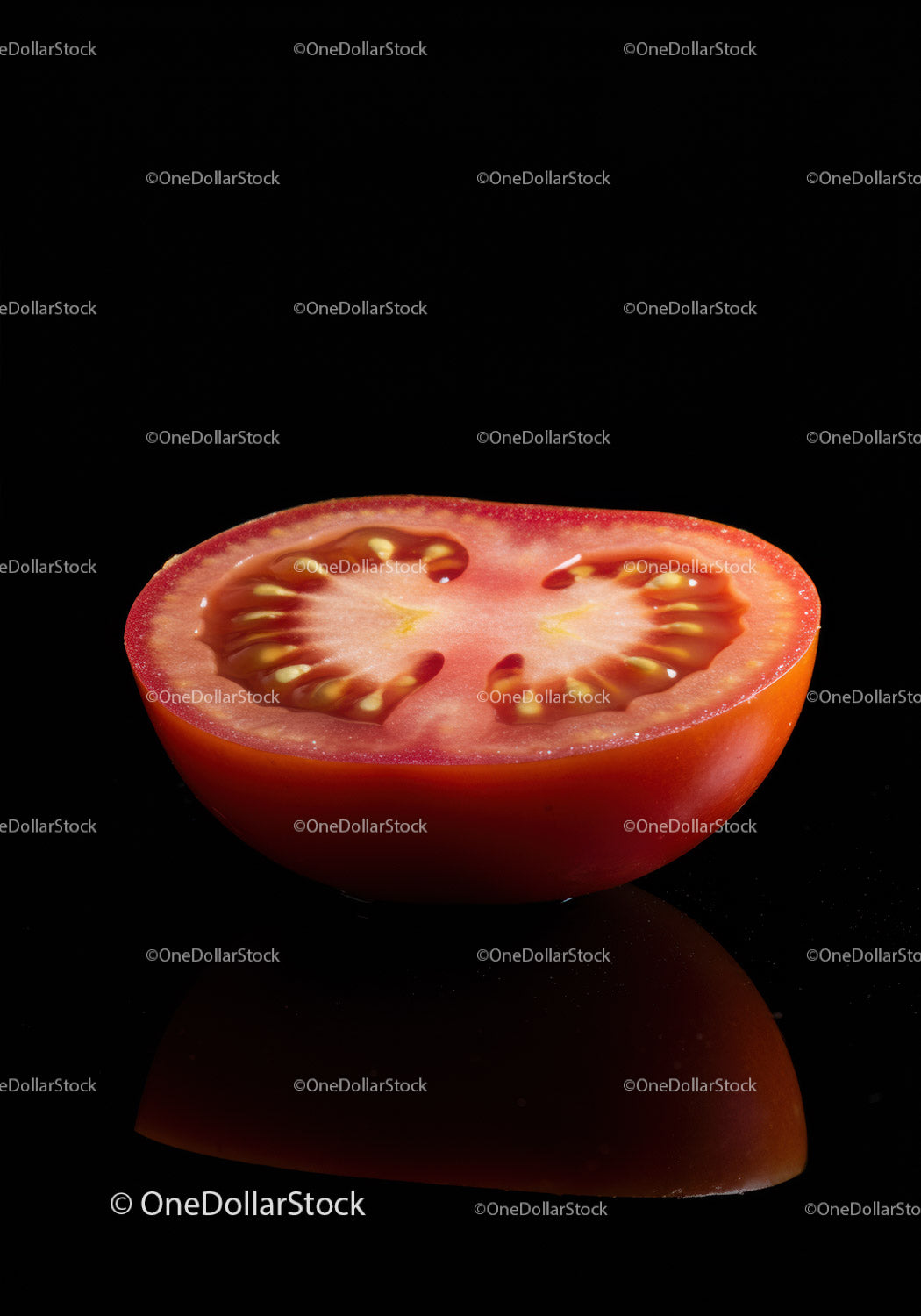 Fresh half red tomato with seeds on black background