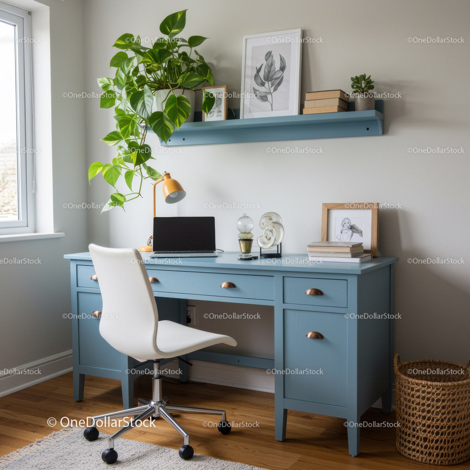 Stylish Blue Desk with Indoor Plant and Modern Decor in Cozy Home Office