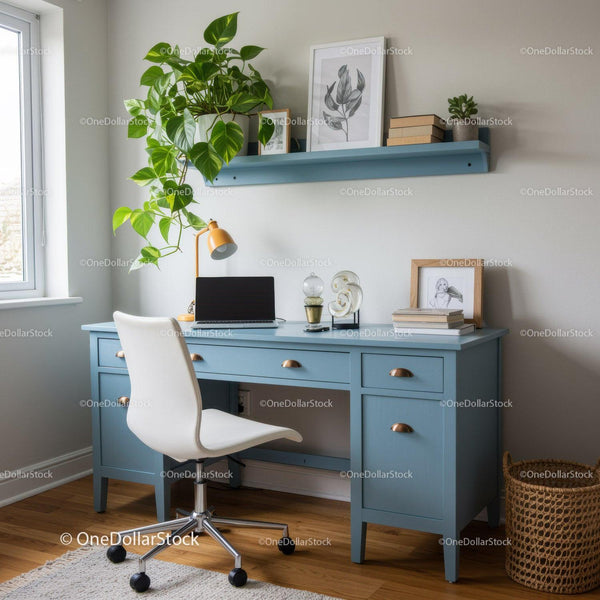 Stylish Blue Desk with Indoor Plant and Modern Decor in Cozy Home Office