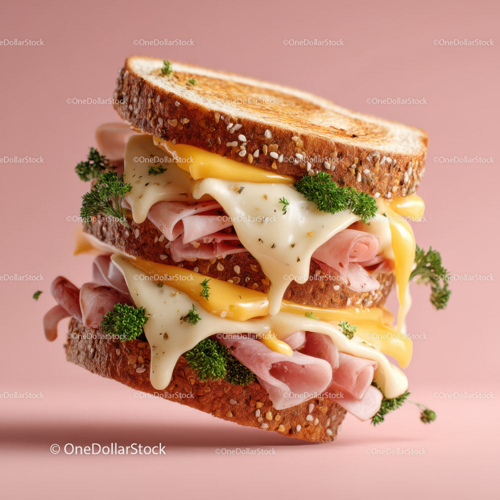 Layered Ham and Cheese Sandwich with Fresh Parsley on Whole Grain Bread