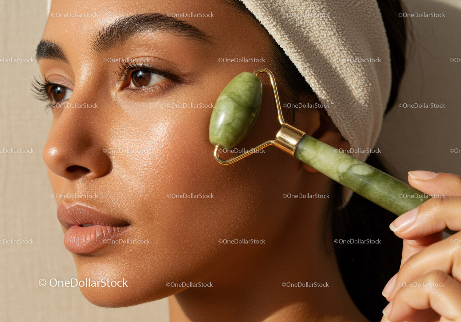 Close-up of Woman with Jade Roller for Facial Massage and Skincare