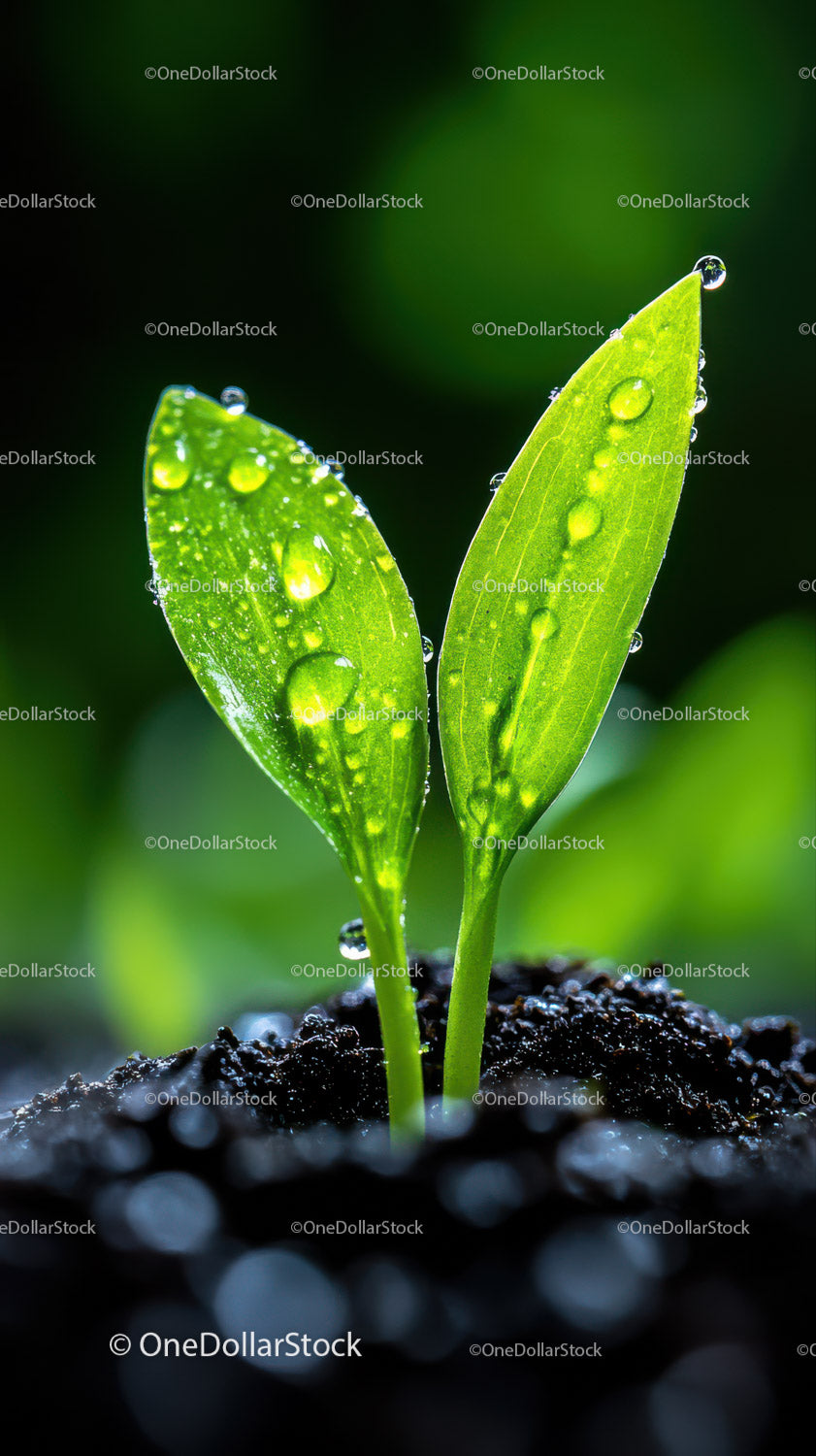 Fresh Green Seedling with Dew Drops in Natural Soil Landscape
