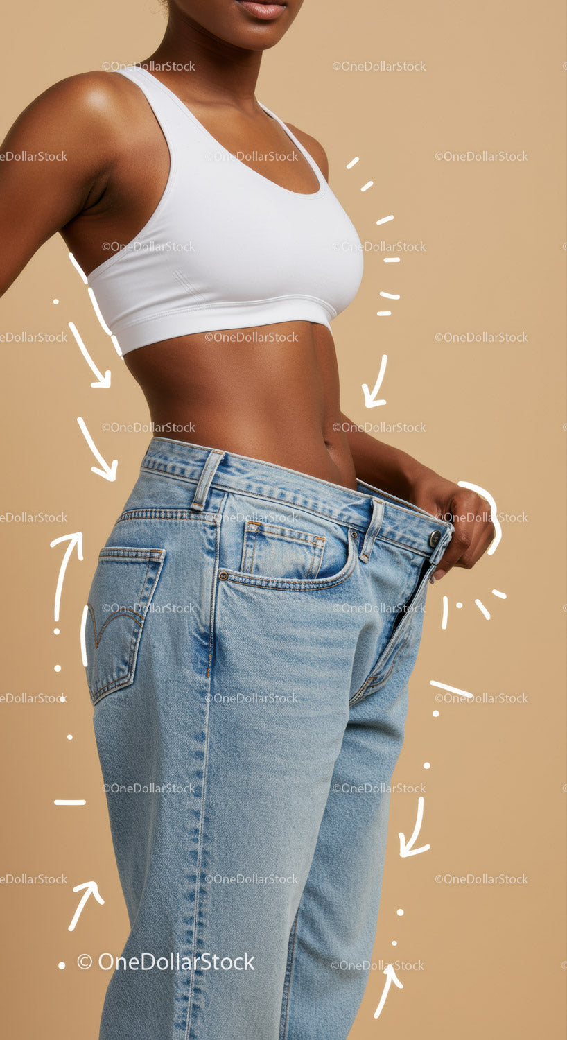 Slim Woman in White Sports Bra and Loose Jeans Showing Body Transformation