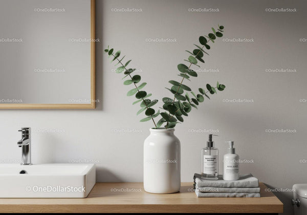 Simple Modern Bathroom with Eucalyptus Plant and Minimalist Decor