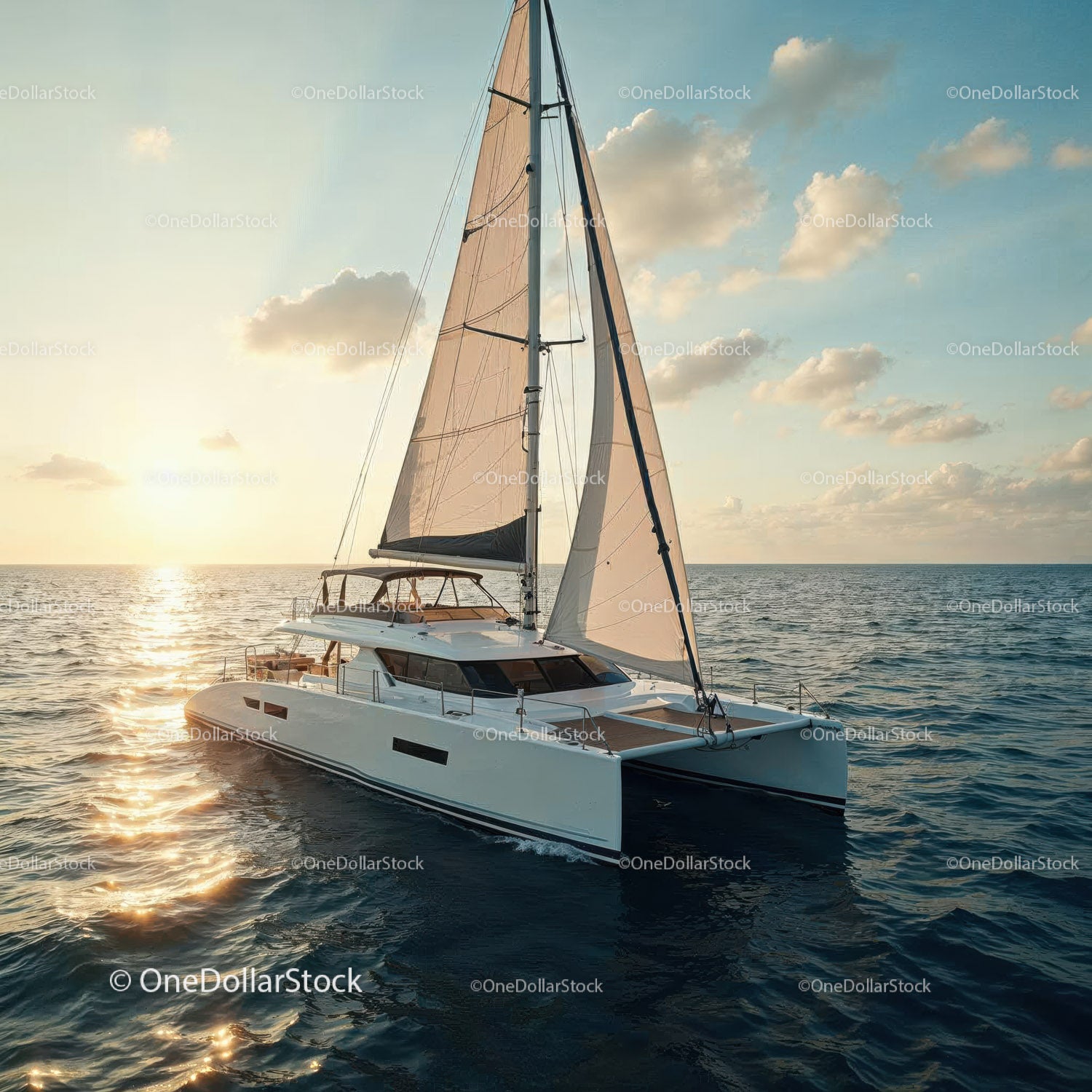 Luxury Sailing Yacht at Sunset on Calm Open Sea